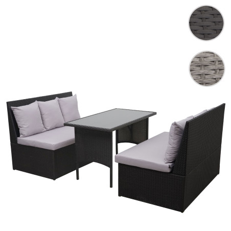 Garniture en polyrotin jardin, gastronomie, 2x canapé 2 places, table - gris, coussin gris foncé