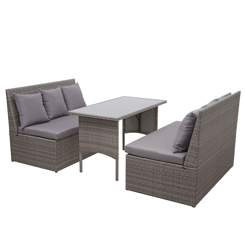 Garniture en polyrotin jardin, gastronomie, 2x canapé 2 places, table - gris, coussin gris foncé