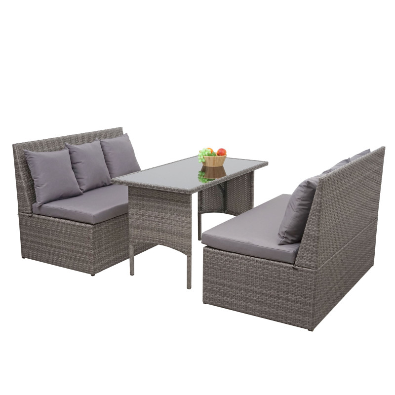 Garniture en polyrotin jardin, gastronomie, 2x canapé 2 places, table - gris, coussin gris foncé