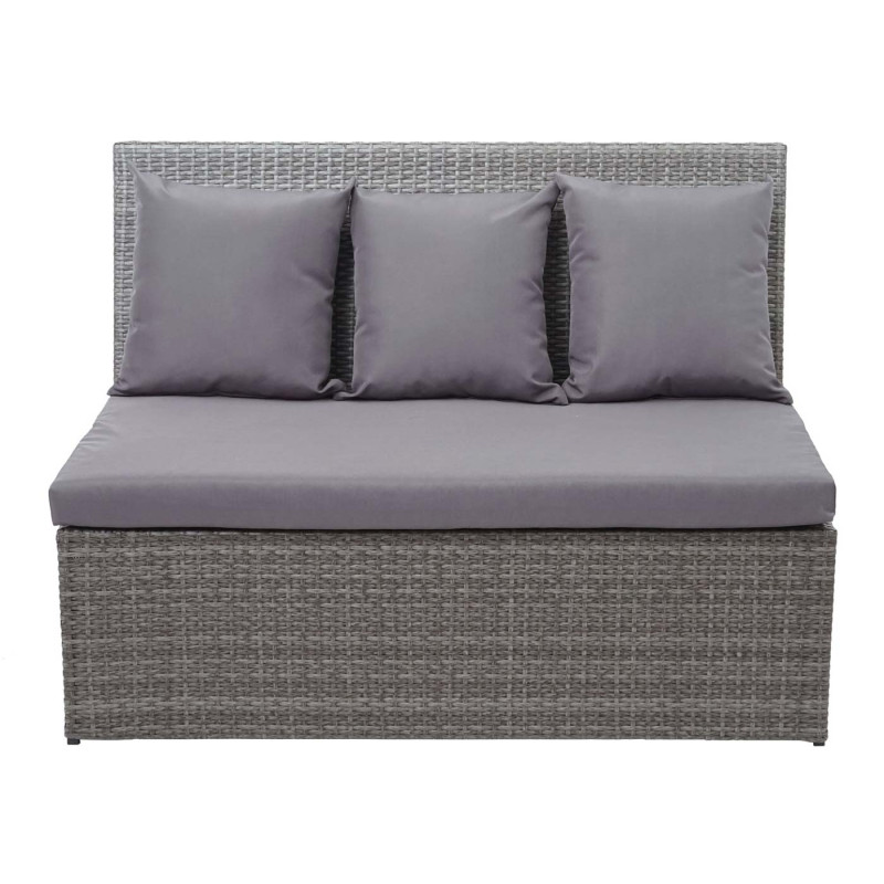 Garniture en polyrotin jardin, gastronomie, 2x canapé 2 places, table - gris, coussin gris foncé