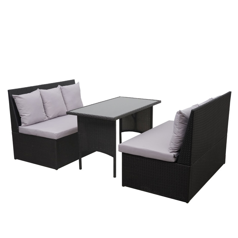 Garniture en polyrotin jardin, gastronomie, 2x canapé 2 places, table - noir, coussin gris clair