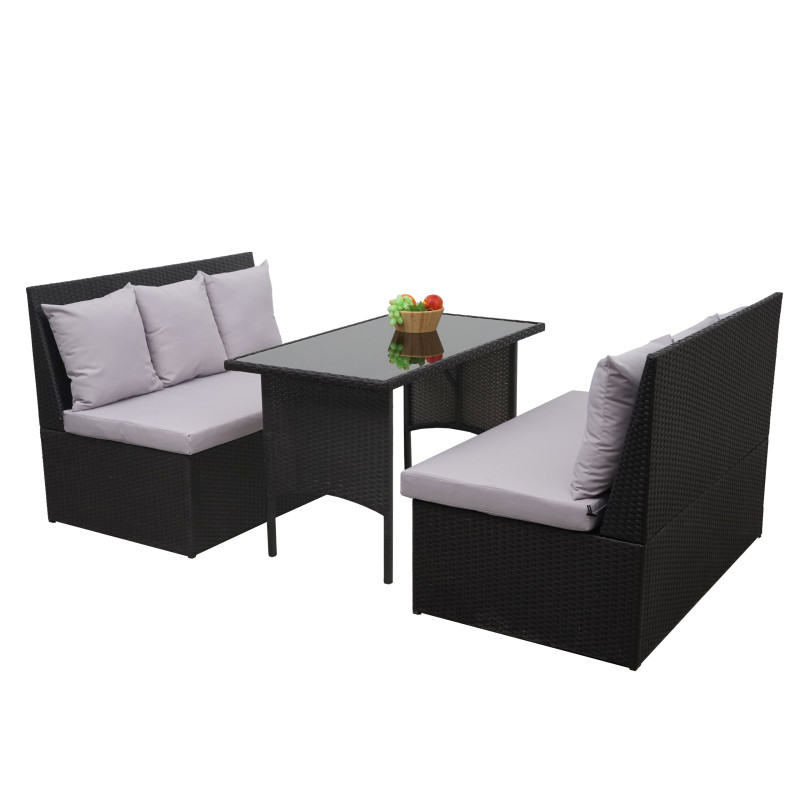 Garniture en polyrotin jardin, gastronomie, 2x canapé 2 places, table - noir, coussin gris clair