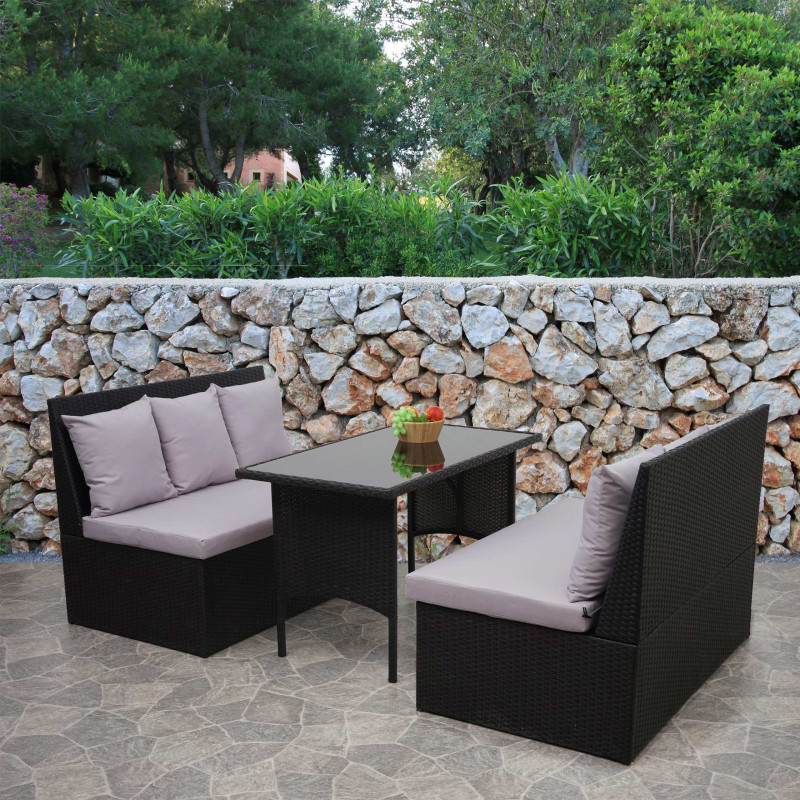 Garniture en polyrotin jardin, gastronomie, 2x canapé 2 places, table - noir, coussin gris clair