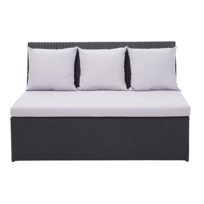 Garniture en polyrotin jardin, gastronomie, 2x canapé 2 places, table - noir, coussin gris clair