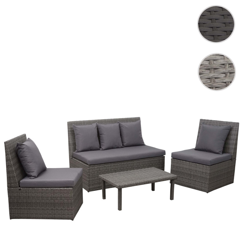 Garniture en polyrotin canapé 2 places, table d'appoint, 2x fauteuil - gris, coussin gris foncé