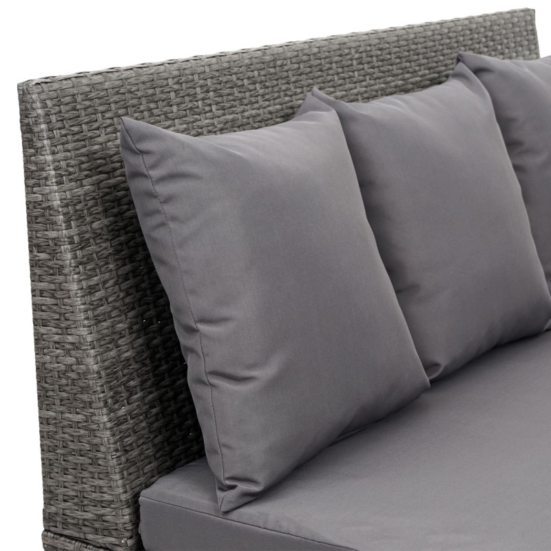 Garniture en polyrotin canapé 2 places, table d'appoint, 2x fauteuil - gris, coussin gris foncé