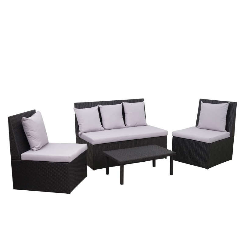 Garniture en polyrotin canapé 2 places, table d'appoint, 2x fauteuil - noir, coussin gris clair