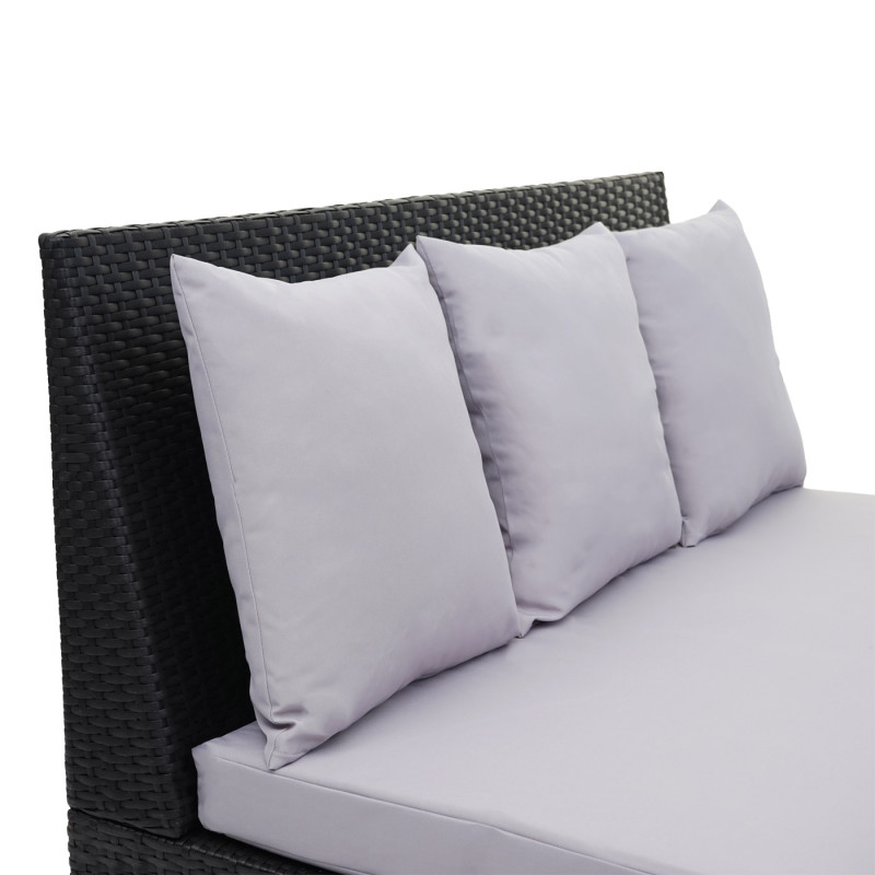 Garniture en polyrotin canapé 2 places, table d'appoint, 2x fauteuil - noir, coussin gris clair