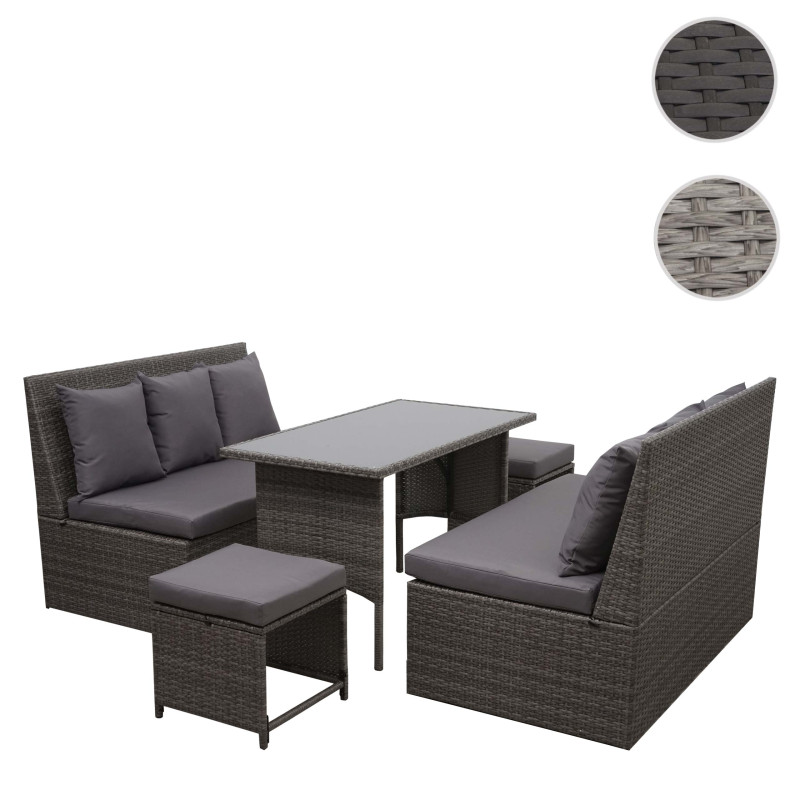 Garniture en polyrotin jardin, 2x canapé 2 places, table, 2x tabouret - gris, coussin gris foncé