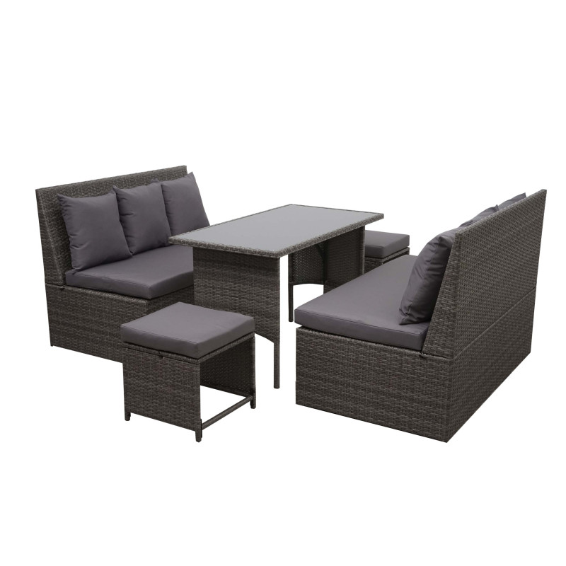 Garniture en polyrotin jardin, 2x canapé 2 places, table, 2x tabouret - gris, coussin gris foncé