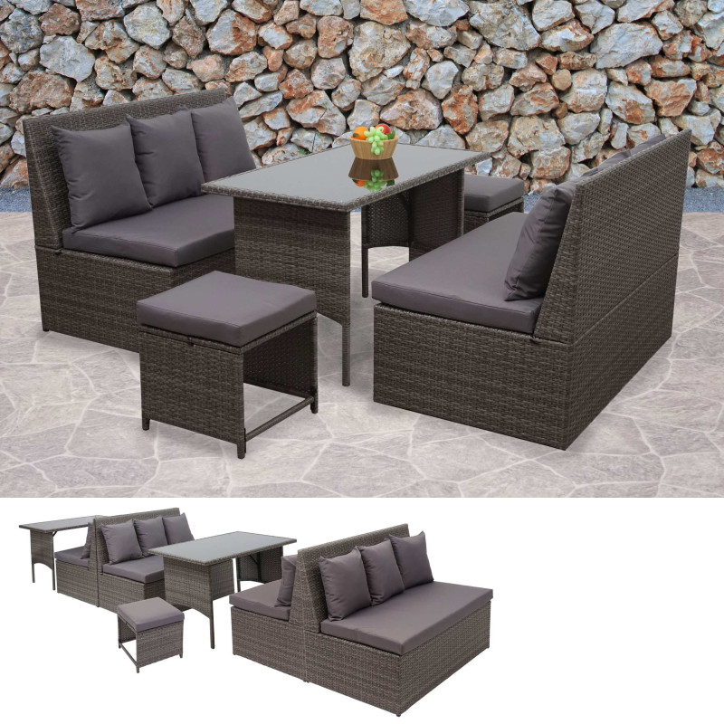 Garniture en polyrotin jardin, 2x canapé 2 places, table, 2x tabouret - gris, coussin gris foncé