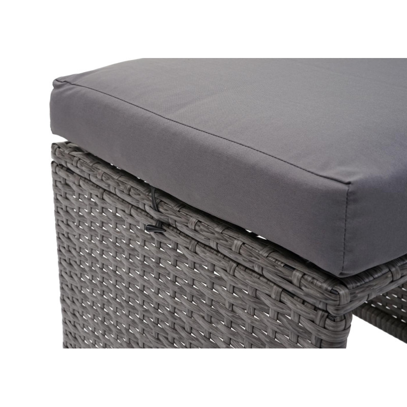 Garniture en polyrotin jardin, 2x canapé 2 places, table, 2x tabouret - gris, coussin gris foncé