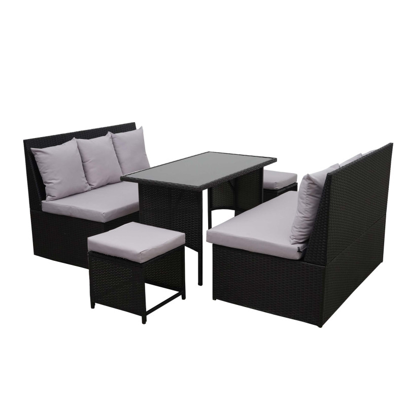 Garniture en polyrotin jardin, 2x canapé 2 places, table, 2x tabouret - noir, coussin gris clair