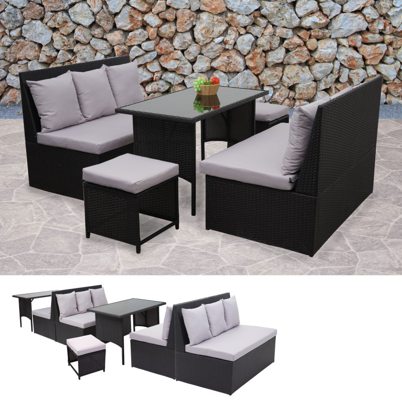 Garniture en polyrotin jardin, 2x canapé 2 places, table, 2x tabouret - noir, coussin gris clair