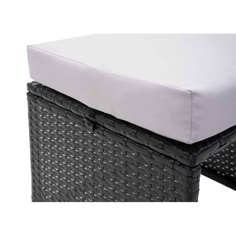 Garniture en polyrotin jardin, 2x canapé 2 places, table, 2x tabouret - noir, coussin gris clair