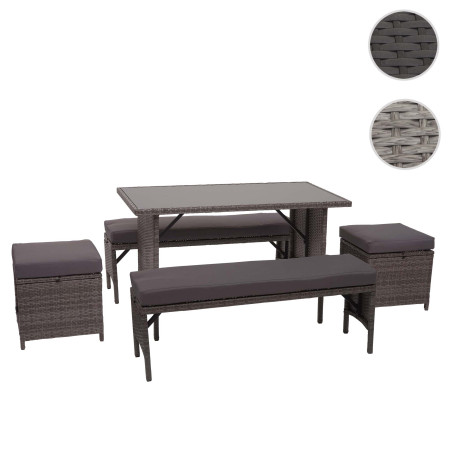 Garniture en polyrotin jardin, gastronomie, 2x banc, table, 2x tabouret - gris, coussin gris foncé