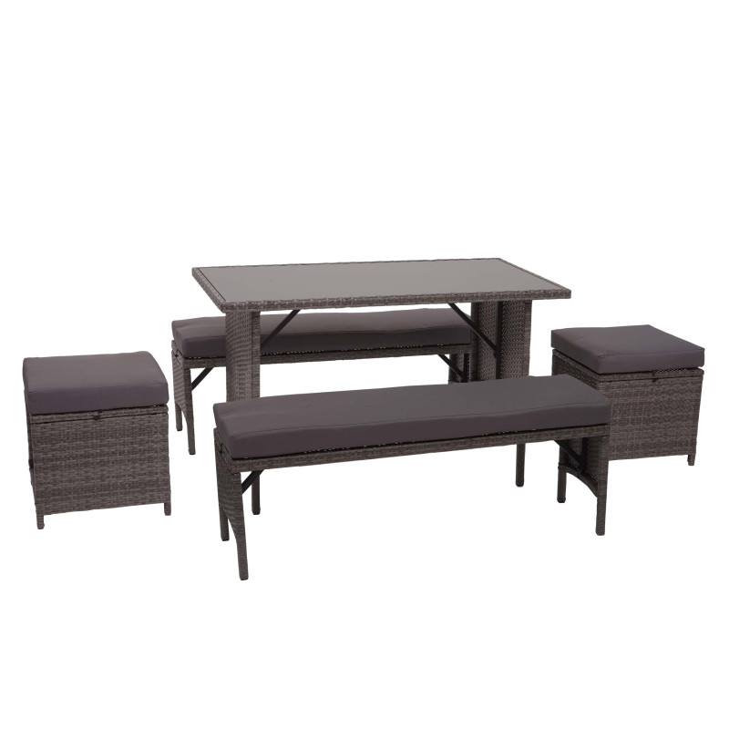 Garniture en polyrotin jardin, gastronomie, 2x banc, table, 2x tabouret - gris, coussin gris foncé