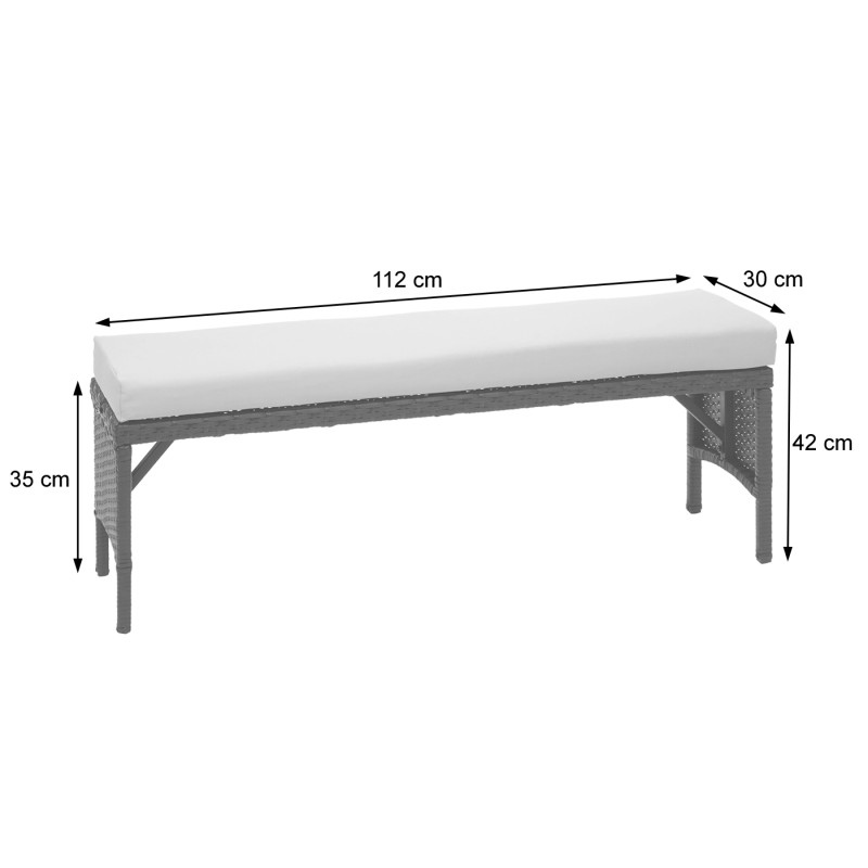 Garniture en polyrotin jardin, gastronomie, 2x banc, table, 2x tabouret - gris, coussin gris foncé