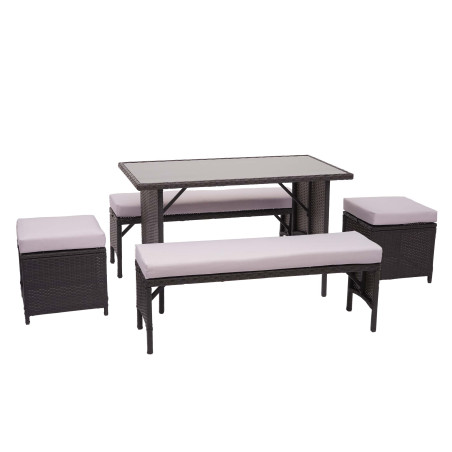 Garniture en polyrotin jardin, gastronomie, 2x banc, table, 2x tabouret - noir, coussin gris clair