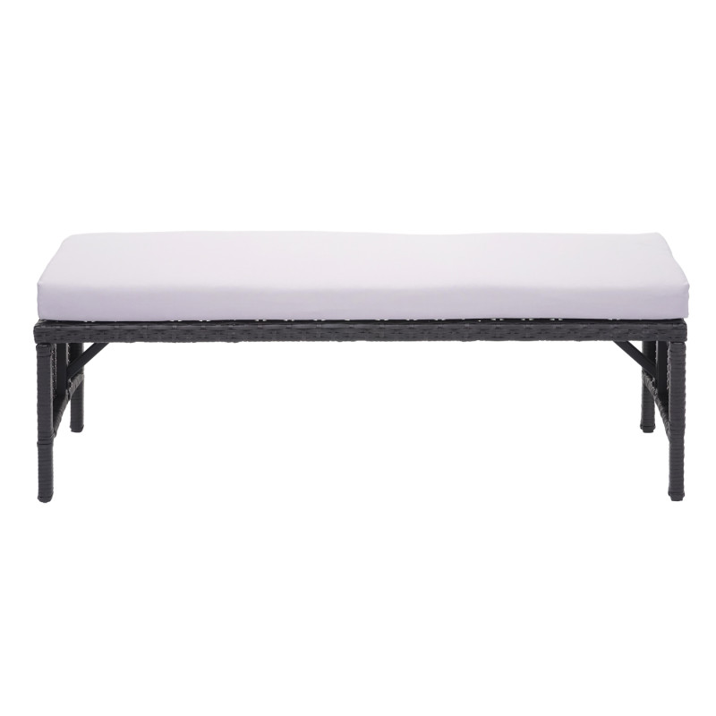 Garniture en polyrotin jardin, gastronomie, 2x banc, table, 2x tabouret - noir, coussin gris clair