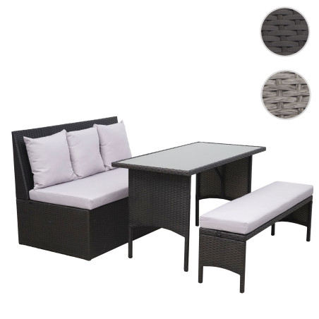 Garniture en polyrotin jardin, gastronomie, canapé 2 places, table, banc - gris, coussin gris foncé