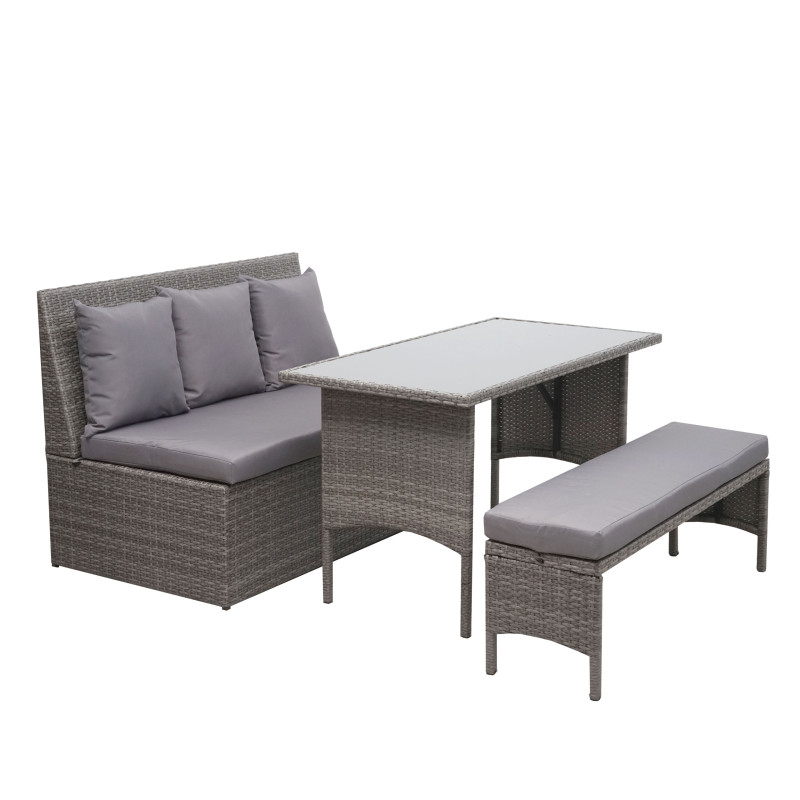 Garniture en polyrotin jardin, gastronomie, canapé 2 places, table, banc - gris, coussin gris foncé