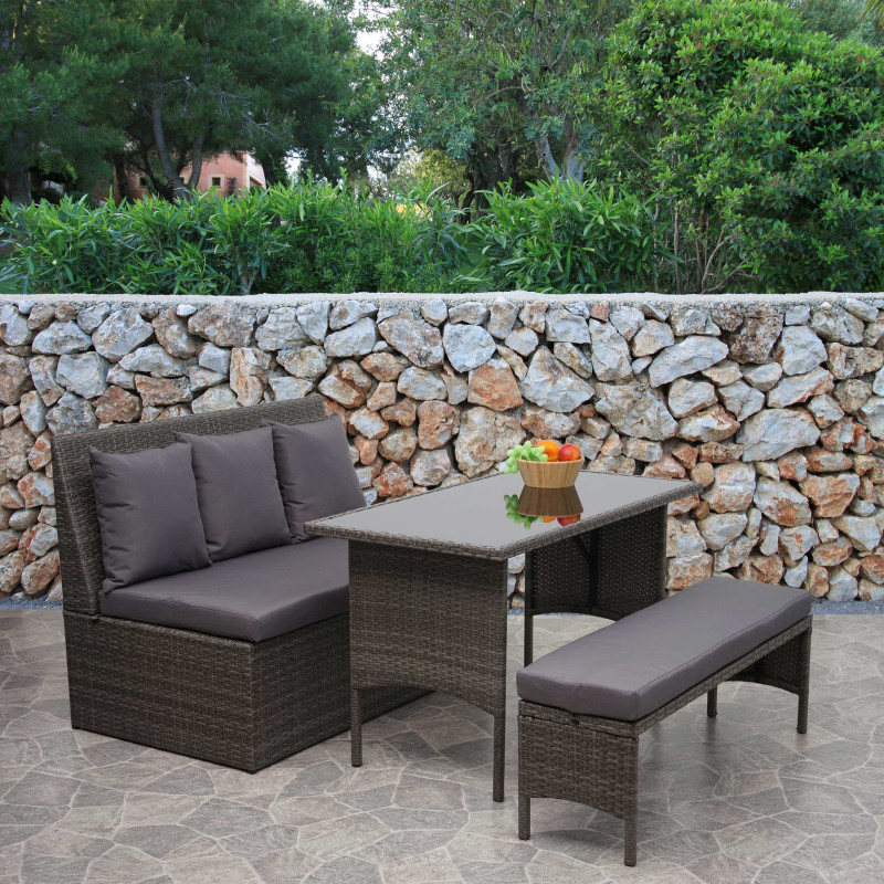 Garniture en polyrotin jardin, gastronomie, canapé 2 places, table, banc - gris, coussin gris foncé