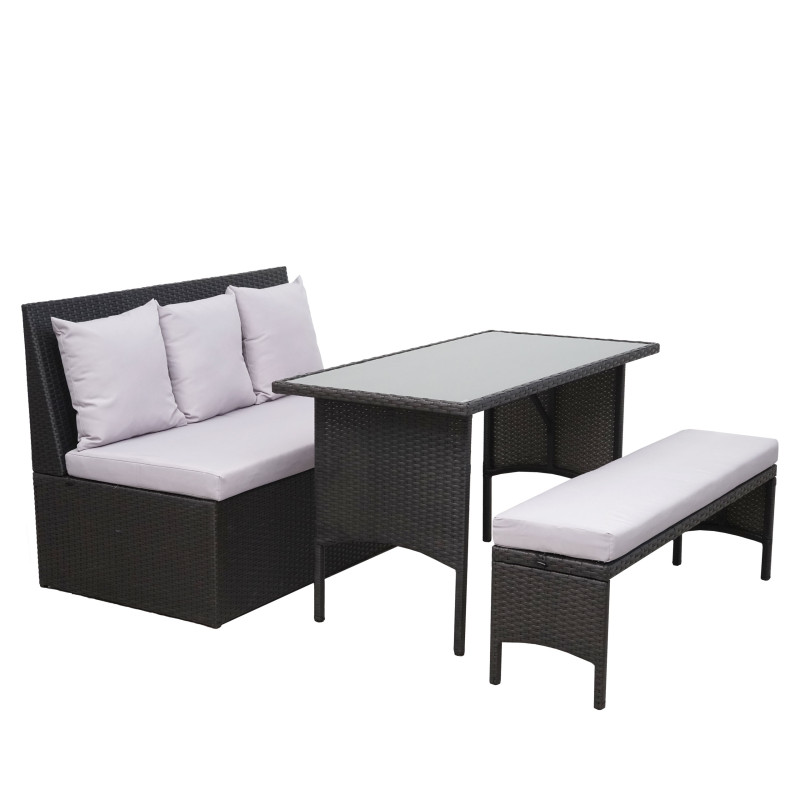 Garniture en polyrotin jardin, gastronomie, canapé 2 places, table, banc - noir, coussin gris clair