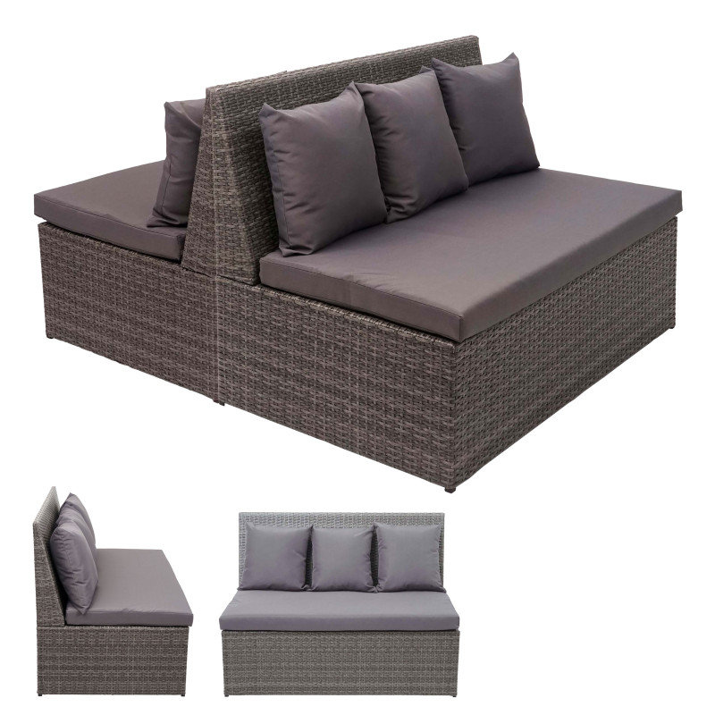 2x canapé en polyrotin, 2 places banc, fauteuil, gastronomie, 120 cm - gris, coussin gris foncé