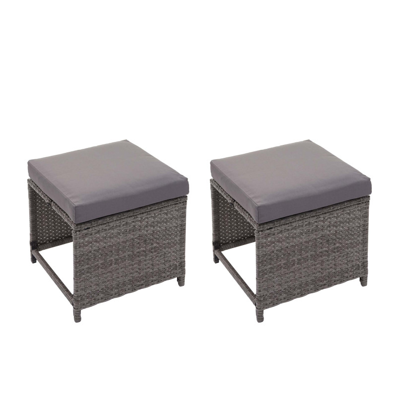 2x tabouret en polyrotin tabouret de jardin, siège, gastronomie - gris, coussin gris foncé