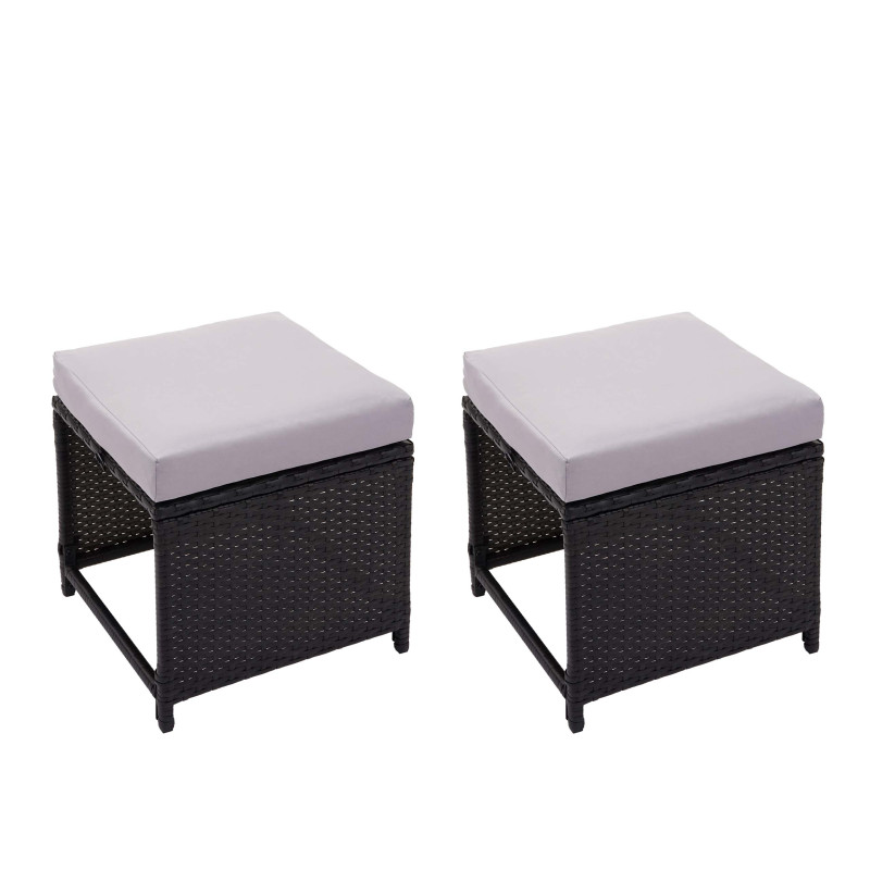 2x tabouret en polyrotin tabouret de jardin, siège, gastronomie - noir, coussin gris clair