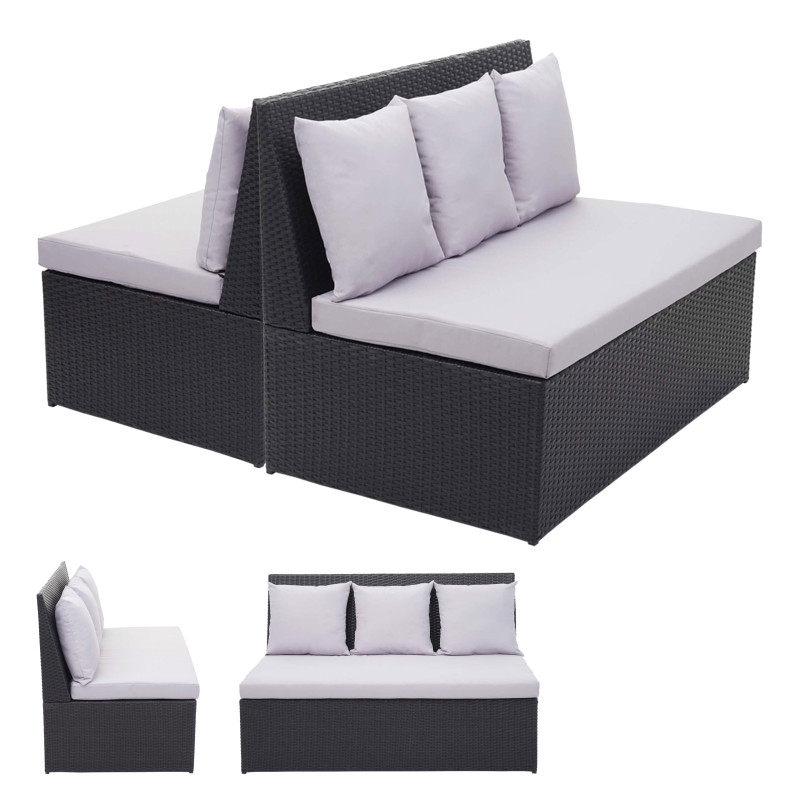 2x canapé en polyrotin, 2 places banc, fauteuil, gastronomie, 120 cm - noir, coussin gris clair