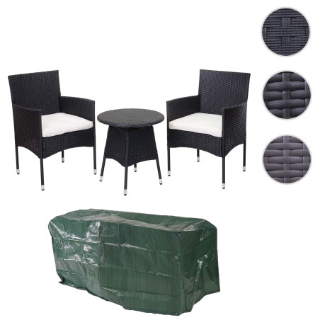 Ensemble de balcon en polyrotin garniture de jardin, 2x fauteuil+table - gris, coussin crème+bâche