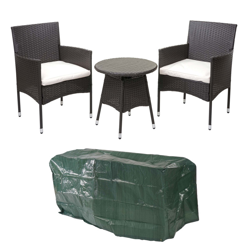 Ensemble de balcon en polyrotin garniture de jardin, 2x fauteuil+table - gris, coussin crème+bâche