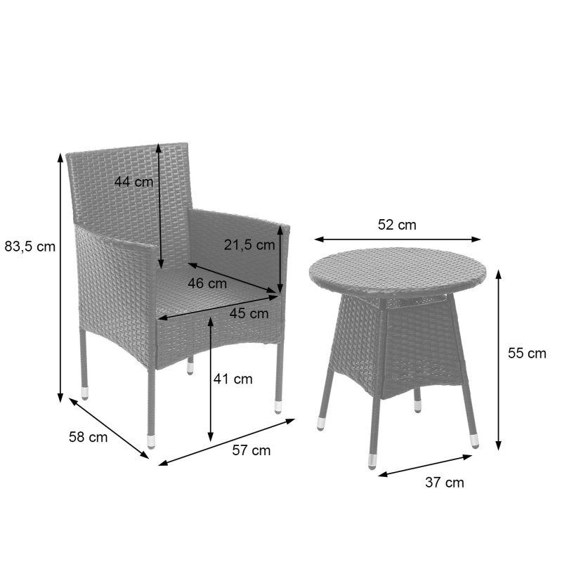 Ensemble de balcon en polyrotin garniture de jardin, 2x fauteuil+table - gris, coussin crème+bâche