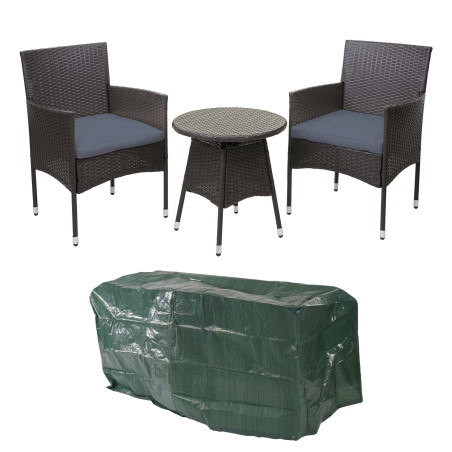 Ensemble de balcon en polyrotin garniture de jardin, 2x fauteuil+table - gris, coussin gris+bâche