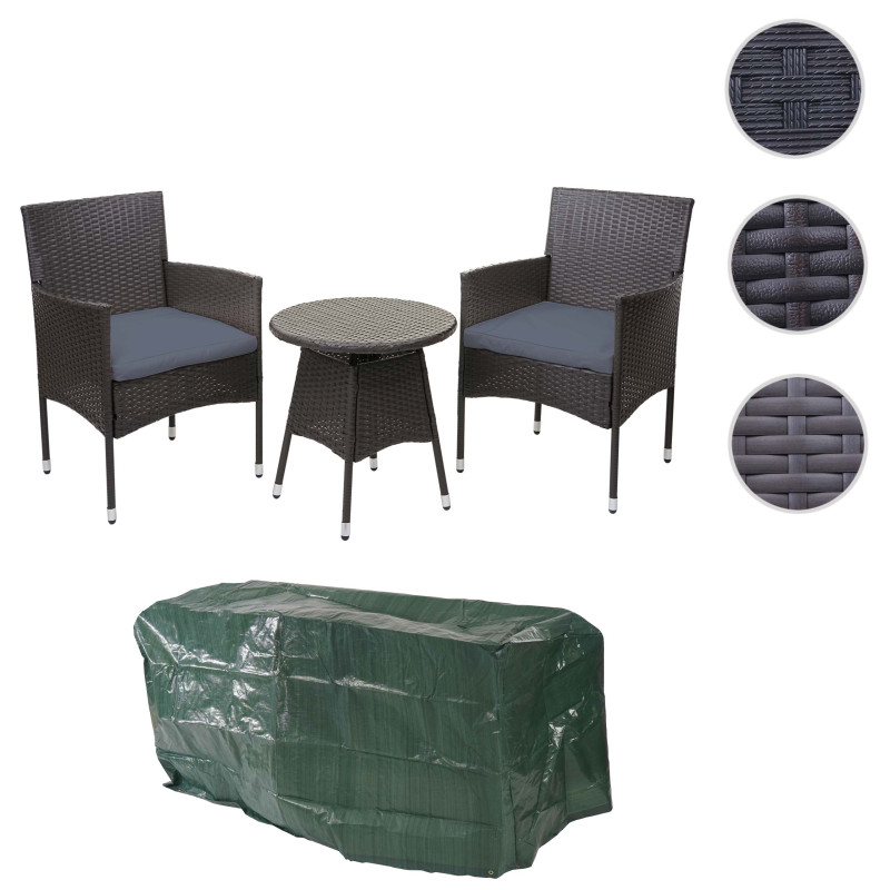 Ensemble de balcon en polyrotin garniture de jardin, 2x fauteuil+table - gris, coussin gris+bâche