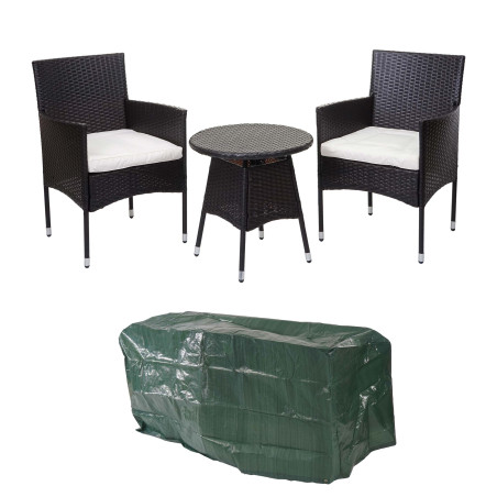 Ensemble de balcon en polyrotin jardin, 2x fauteuil+table - marron, coussin crème+bâche