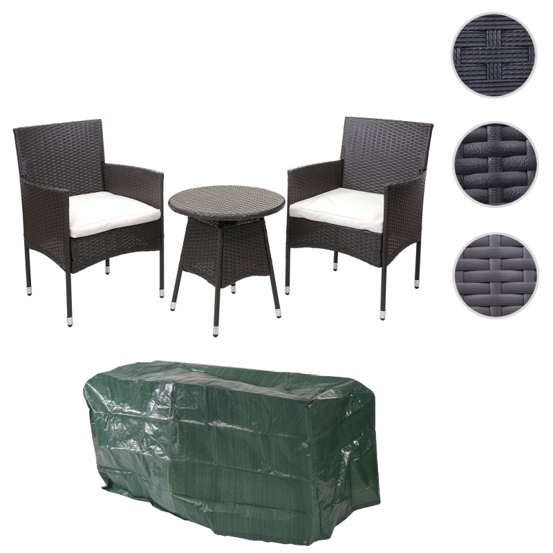 Ensemble de balcon en polyrotin jardin, 2x fauteuil+table - marron, coussin crème+bâche