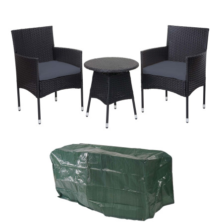 Ensemble de balcon en polyrotin jardin, 2x fauteuil+table - anthracite, coussin gris+bâche