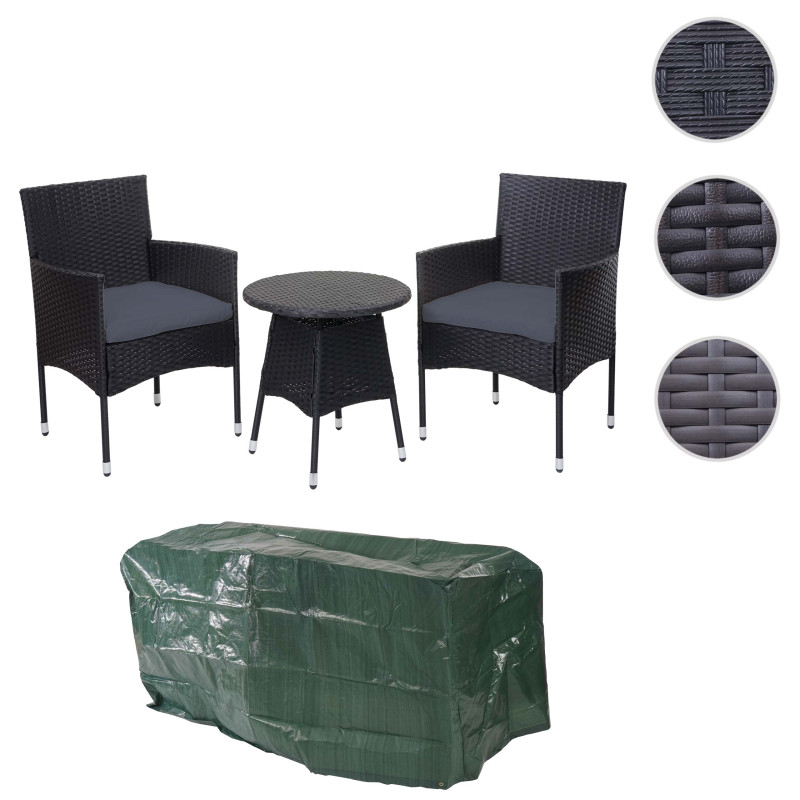 Ensemble de balcon en polyrotin jardin, 2x fauteuil+table - anthracite, coussin gris+bâche