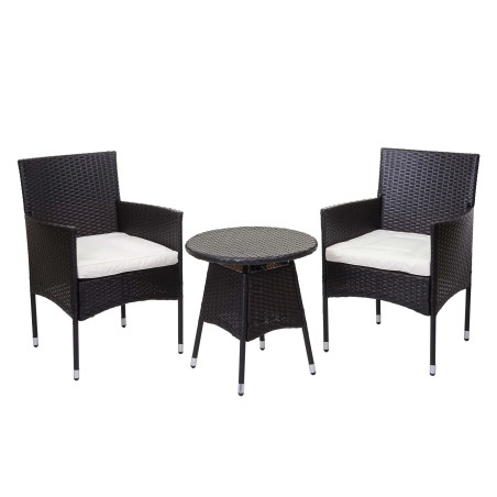 Ensemble de balcon en polyrotin garniture de jardin, 2x fauteuil+table - marron, coussin crème