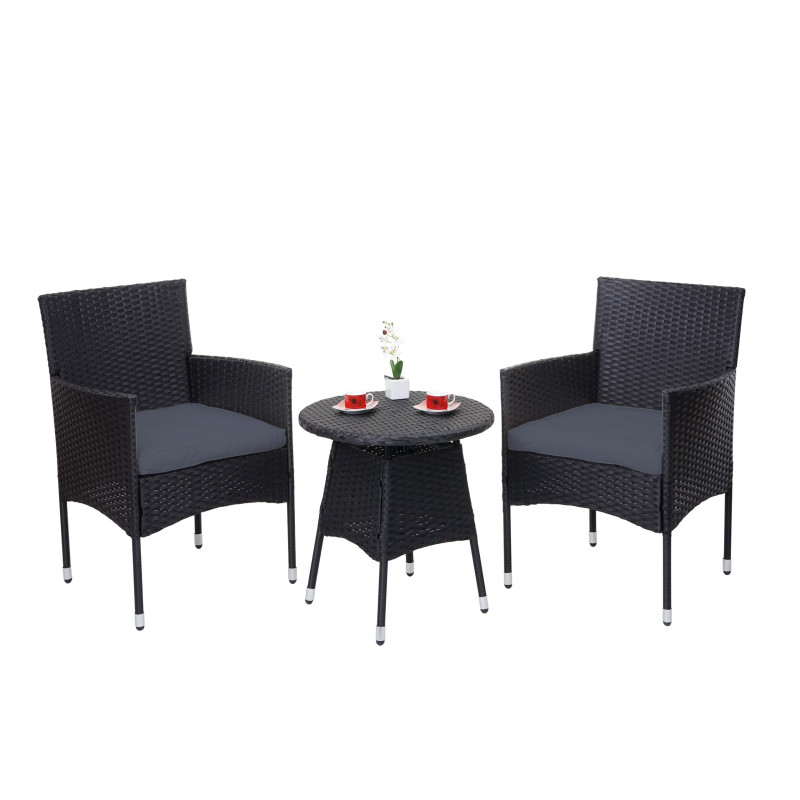 Ensemble de balcon en polyrotin garniture de jardin, 2x fauteuil+table - anthracite, coussin gris