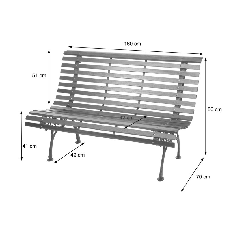 Banc de jardin banc du parc, banquette en bois, fonte, 3 places, 160cm, 26kg - marron clair