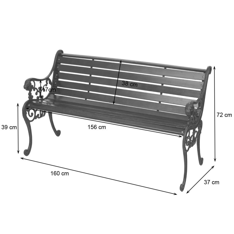 Banc de jardin banc du parc, banquette en bois, fonte, 3 places, 160cm, 22kg - marron clair