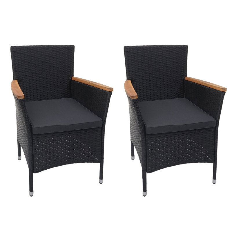 2x fauteuil en polyrotin chaise de jardin, bois d'acacia - anthracite, coussin gris foncé