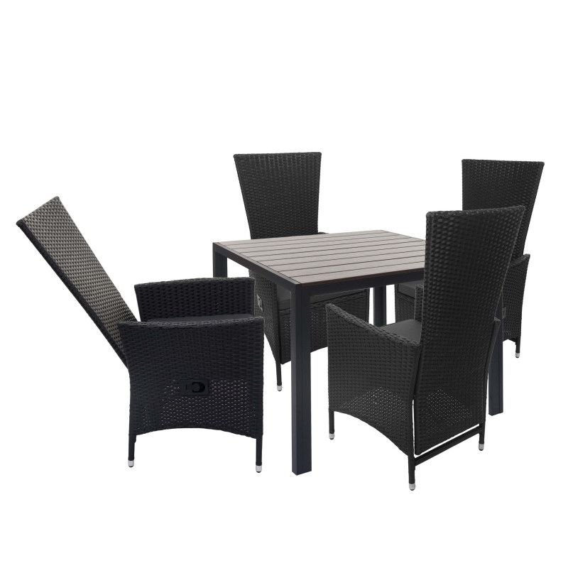 Garniture en polyrotin ensemble fauteuils et table, dossier réglable, 90x90cm - marron