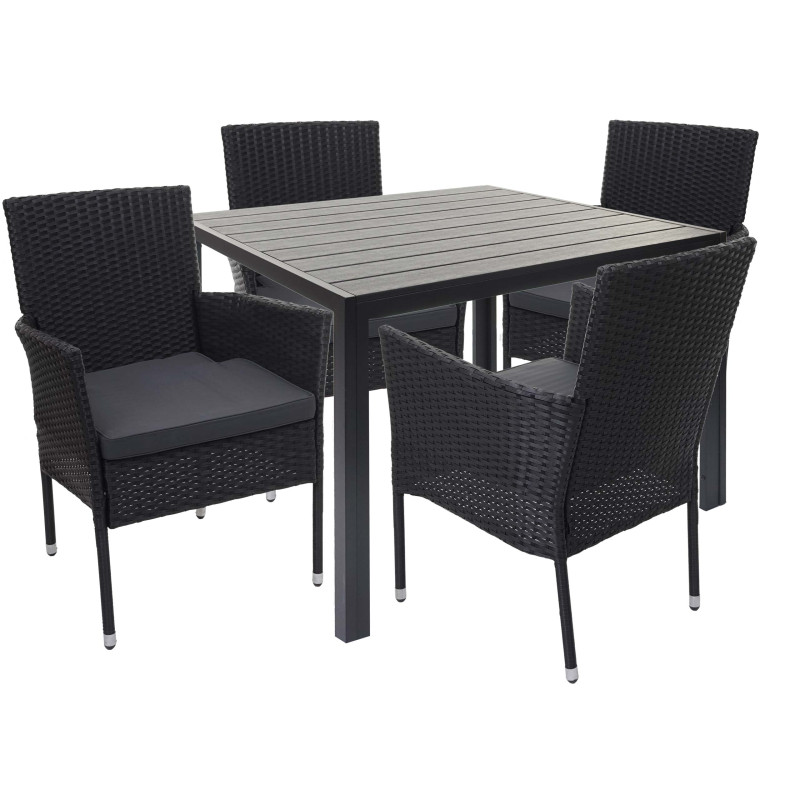 Garniture en polyrotin ensemble fauteuils et table, empilable, 90x90cm - noir