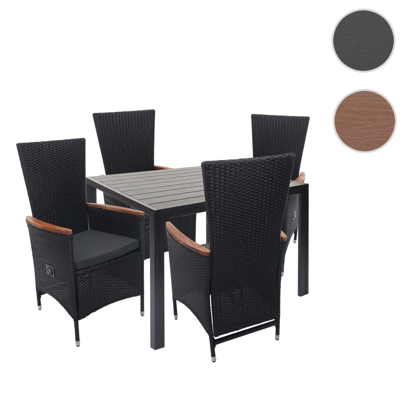 Garniture en polyrotin ensemble fauteuils et table, dossier réglable, bois d'acacia - marron