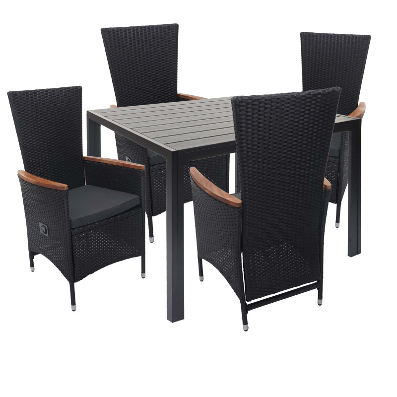 Garniture en polyrotin ensemble fauteuil et table, dossier réglable, bois d'acacia - noir